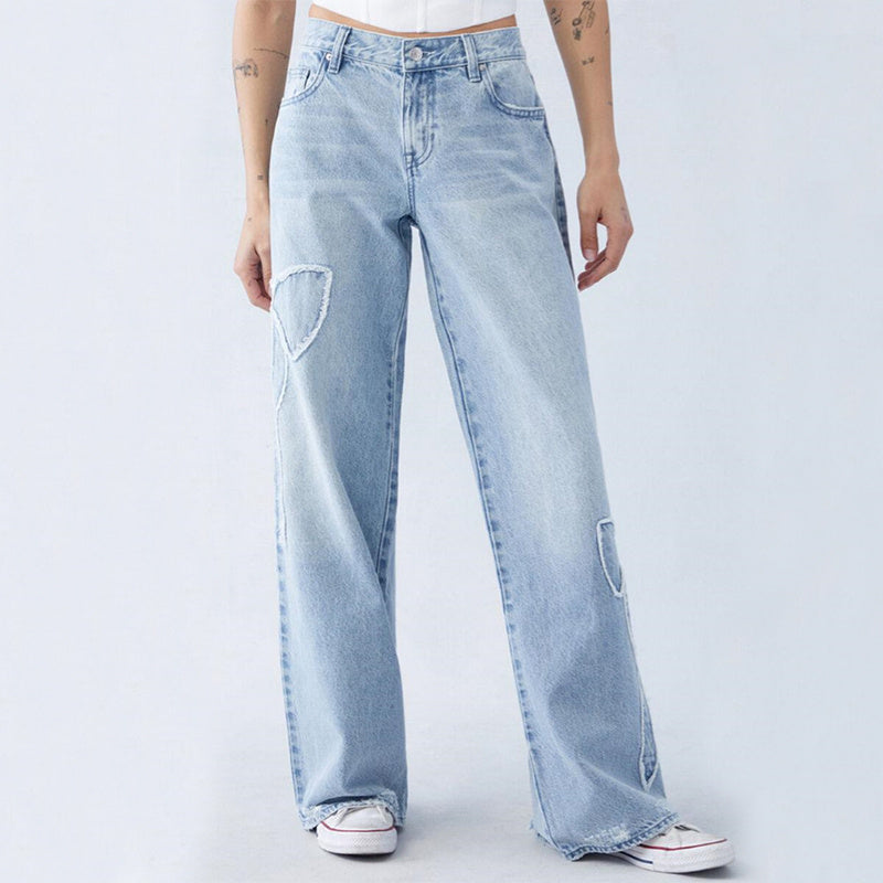 Straight Jeans Embroidered Frayed Bow