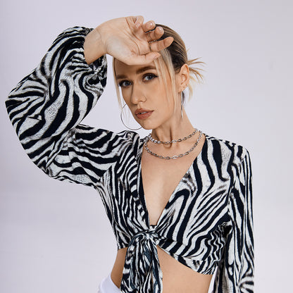 Zebra Striped Knot V -neck Top