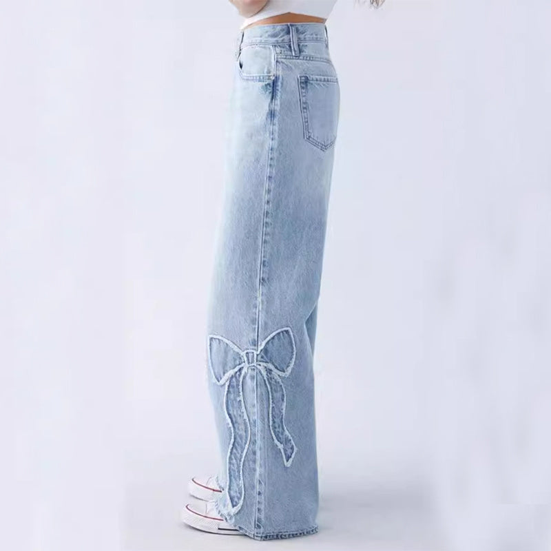 Straight Jeans Embroidered Frayed Bow