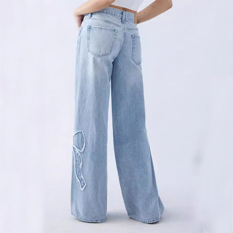 Straight Jeans Embroidered Frayed Bow