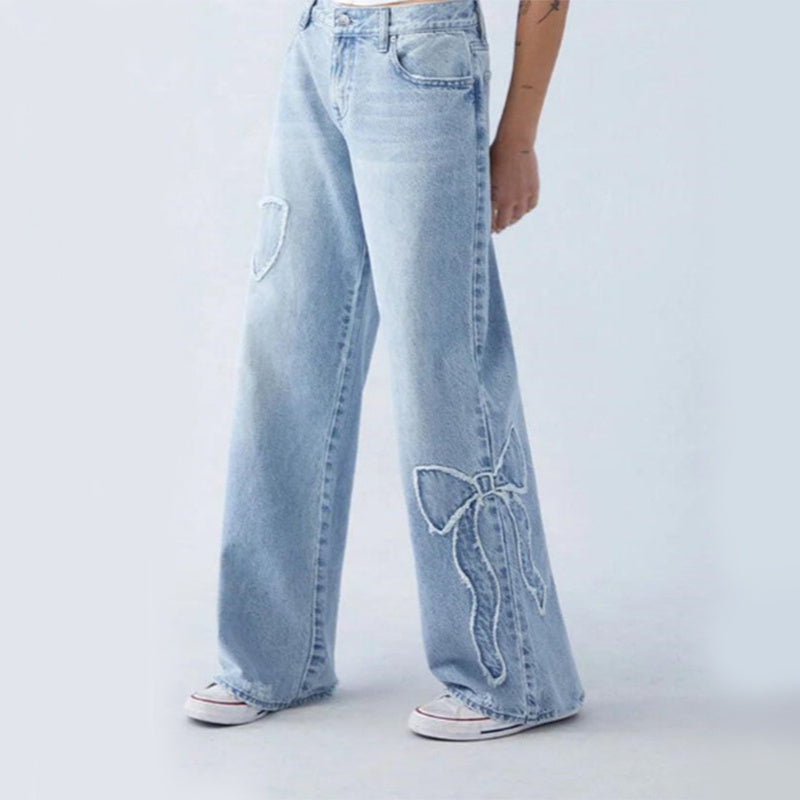 Straight Jeans Embroidered Frayed Bow